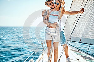Cruise vacation. Romantic couple on yacht