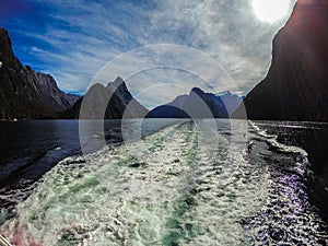 Cruise View of Milford Sound, sunny day, New Zealand
