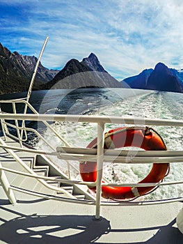 Cruise View of Milford Sound, sunny day, New Zealand