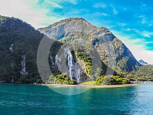 Cruise View of Milford Sound, sunny day, New Zealand