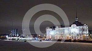 Cruiser Aurora at night in St. Petersburg.