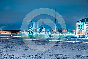 Cruiser Aurora in St. Petersburg on the Neva River.