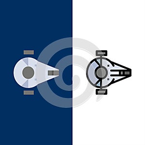 Cruiser, Fighter, Interceptor, Ship, Spacecraft  Icons. Flat and Line Filled Icon Set Vector Blue Background