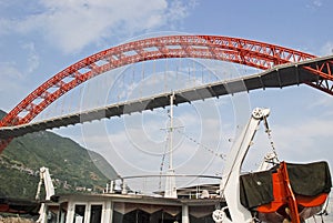 Cruiseship passing under bridge