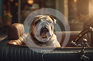 Cruisin' with a Bulldog: Furry Companion Enjoys a Car Trip. Generative Ai. photo