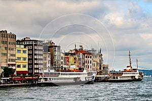 Cruising ship docking on Galata pier on Bosporus, Istanbul