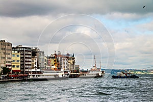 Cruising ship docking on Galata pier on Bosporus, Istanbul