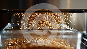 The crumb tray being pulled out of the bottom of the toaster filled with tiny crumbs from previous toastings