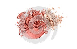 Crumble and crushe pearl beige bronze circle eyeshadows, powder. Broken cosmetics on white background