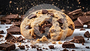 Crumbled chocolate chip cookie with visible chunks of chocolate and scattered crumbs. Sweet treat