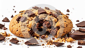 Crumbled chocolate chip cookie with visible chunks of chocolate and scattered crumbs. Sweet treat