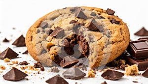 Crumbled chocolate chip cookie with visible chunks of chocolate and scattered crumbs. Sweet treat