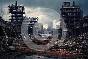 Crumbled Destroyed city buildings. Generate AI
