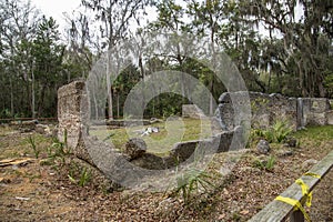 The crumbled walls of the Taby Ruins surrounded lush green trees, plants and grass with blue sky and clouds at Wormsloe photo