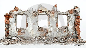 Crumbling Brick Wall with Three Empty Window Frames