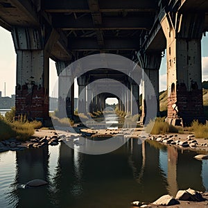 A crumbling bridge connecting two cities, symbolizing stalled growth.