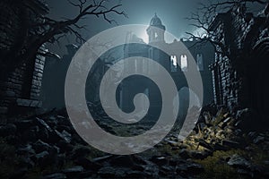 Crumbling castle in ruins, late at night in haunted forest