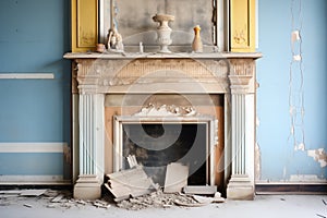 crumbling fireplace with charred remains