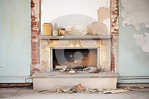 crumbling fireplace with charred remains