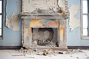crumbling fireplace with charred remains