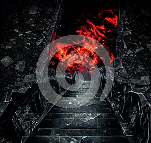 Crumbling stairway to hell, infernal hot cave lava and fire photo