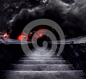 Crumbling stairway to hell, infernal hot cave lava and fire photo