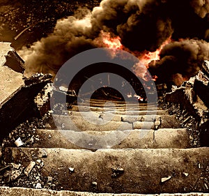 Crumbling stairway to hell, infernal hot cave lava and fire photo