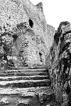 Crumbling Stone Steps and Exterior Castle Walls