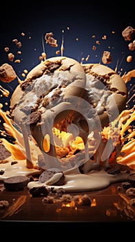 Crumbs and chocolate splashes embellish the ruins of once perfect chocolate chip cookies