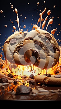 Crumbs and chocolate splashes embellish the ruins of once perfect chocolate chip cookies photo