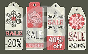 Crumple christmas labels with sale offer, vector photo