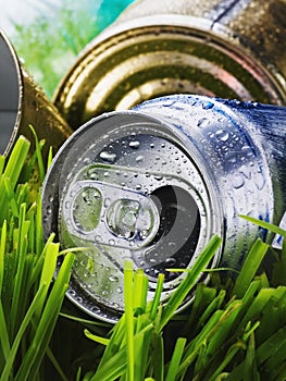 Crumpled aluminum can on a green grass