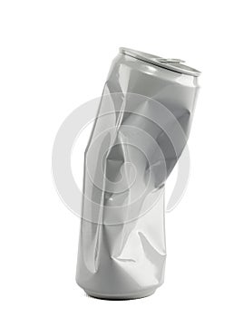 Crumpled aluminum can of soda on a white background