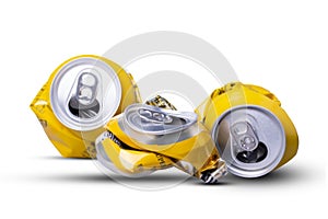 Crumpled aluminum cans. Isolated on white background. Shadow. Recycling. Reuse. Beverages.