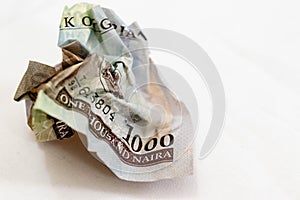 Crumpled banknote in a thousand Nigerian Naira on a White background for value depreciation and loss photo