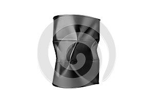 Crumpled black metal barrel isolated on white, dented oil drum, crushed steel keg, battered tin can, squashed aluminium cask