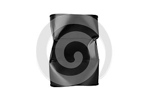 Crumpled black metal barrel isolated on white, dented oil drum, crushed steel keg, battered tin can, squashed aluminium cask