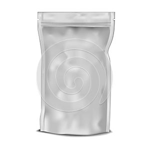 Crumpled blank vacuum stand up pouch isolated on white background, realistic vector mockup. Food packaging bag with zip lock