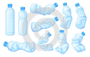 Crumpled bottles. Unhygienic plastic crush bottle water, used broken bottled trash garbage refuse plastics discarded sea