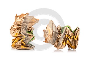 Crumpled brown paper bag for food. Studio shot  on white