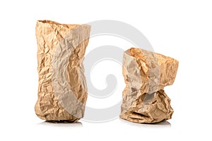 Crumpled brown paper bag for food. Studio shot  on white