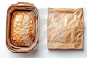 Crumpled brown paper packaging inside cardboard box on white surface photo