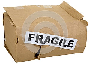 Crumpled cardboard box with inscription
