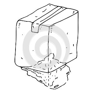 Crumpled cardboard box. Vector illustration cardboard box sealed with adhesive tape. Uneven box.  Hand drawn damaged box with a da