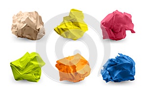 Crumpled color paper. Realistic wasted crinkled page paper trash collection. Vector set