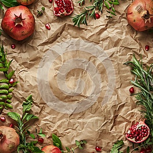 Crumpled Craft Paper Background with Pomegranate and Greens Top View. Wrinkled Brown Wrapping Paper