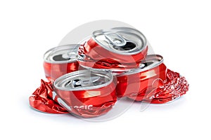 Crumpled empty aluminum soda or beer can trash isolated on white background