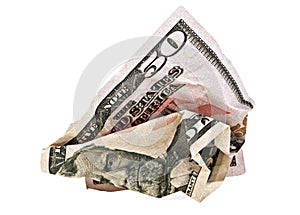 Crumpled fifty dollar bill on white background