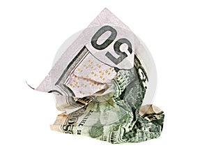 Crumpled fifty dollar bill on white background