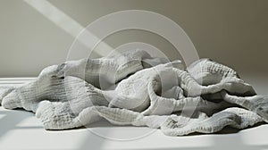 A crumpled gray blanket resting on a smooth surface